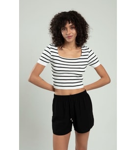 Sifu Tekstil Kadın Çizğili Kare Yaka Kısa Kollu Spor Triko Crop Top Badi SFYZ1005 (Beyaz)