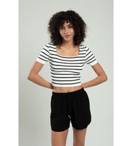 Sifu Tekstil Kadın Çizğili Kare Yaka Kısa Kollu Spor Triko Crop Top Badi SFYZ1005 (Beyaz)