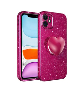 Uyumlu Model Apple iPhone 11 Kılıf Simli Pop Soketli Kalp Kapak (Mürdüm)