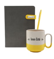 İsme Özel Premium Defter Kupa Bardak Ve Tükenmez Kalem Seti (Sarı)