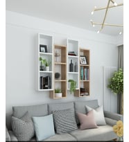 Kitaplık Modern Duvar Rafı Atlantik Çam Beyaz 4 Lü Takım (Beyaz-Gri)