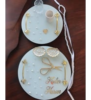 Beloved Gold Beyaz İncili Söz Tepsisi Nişan Tepsisi ve Damat Kahve Fincan Tepsi Seti (Krem)
