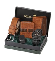 Polo Air Erkek Set Kombin Kemer Cüzdan Kartlık Çakmak Kol Saati Hediyelik Kutusunda Set PL-0966E (Taba)