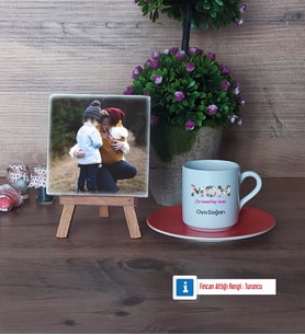 Anneye Hediye Fotoğraflı Dekoratif Taş, Ahşap Altlıklı Türk Kahvesi Fincanı Hediye (Model 8)