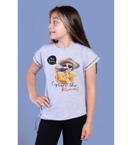 Toontoy Kız Çocuk Şerit Detaylı Baskılı Tişört ( Gri-Melanj)