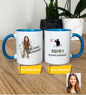 Kişiye Özel Karikatürlü Kadın Asker Kupa Bardak Asker Sevgiliye Doğum Günü Hediyesi (Mavi)
