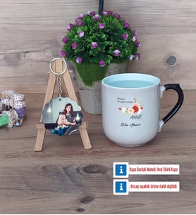 Anneye Hediye Kupa Bardak Beyaz ve Fotoğraflı Ahşap Anahtarlık Hediye (Model 10)
