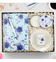 Kişiye Özel Tasarım Defter & Gümüş Renk Detaylı Beyaz Tükenmez Kalem & Beyaz Metal Kutulu Mum & Kişiye Özel Fincan Hediye Seti (Model 4)