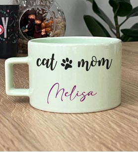 Kişiye Özel Cat Mom Hediye Pastel Fincan Kedi Annesi -2- (Yeşil)