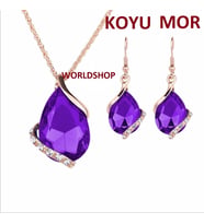 Büyük Damla Taşlı Altın Kaplama Kolye, Küpe,Takı Seti (Mor)