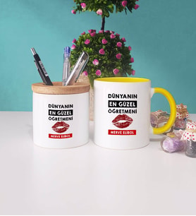 Dünyanın En Güzel Öğretmeni Kupa Bardak Lacivert ve Kalemlik (Model 4)