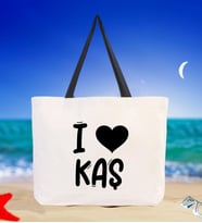 BK Gift I Love Kaş Renkli Kulp Kanvas Plaj Çantası 48x40m, Baskılı Omuz Çantası, Alışveriş Çantası (Siyah)