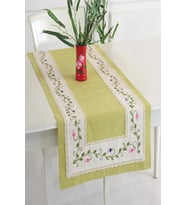 Buldan Keteni Çiçekli İpek İşlemeli 50x130 cm Runner (Fıstık Yeşili)
