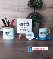 Ortopedi Uzmanı Hediye Seti Dekoratif Taş, Kalemlik, Ahşap Altlıklı Türk Kahvesi Fincanı, Ahşap Anahtarlık Hediye (Model 5)