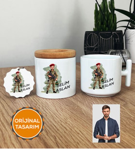 Kişiye Özel Karikatürlü Asker Hediye Seti T Kupa, Kalemlik, Anahtarlık Askere Hediye Asker Sevgiliye Hediye (Beyaz)