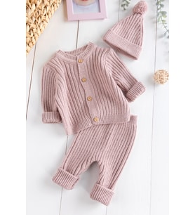 Triko Hırkalı Bereli Unisex Kışlık Şapkalı Bebek Takım (Gül Kurusu)