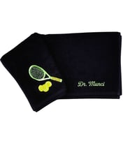 Alice Atelier İsme Özel %100 Pamuk Spor Tenis Raketi ve Topu İşlemeli Tenis Havlusu (Siyah)