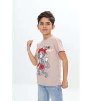 Toontoy Erkek Çocuk Kaykay Kedi Baskılı Tişört (Bej)