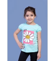 Toontoy Kız Çocuk Papatya Baskılı Taş İşlemeli Tişört (Su Yeşili)