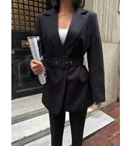 Kadın Kemerli Blazer Ceket (Siyah)