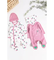 Çilek Desenli 2'li Uzun Kollu Kız Bebek Tulum Takım (Pembe)
