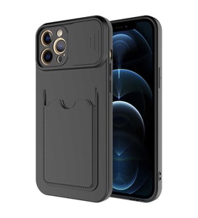 Uyumlu Model Apple iPhone 12 Pro Kılıf Kartlıklı Lens Kapatmalı Kapak (Siyah)