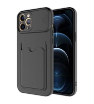 Uyumlu Model Apple iPhone 12 Pro Kılıf Kartlıklı Lens Kapatmalı Kapak (Siyah)