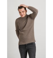 Slimfit Kendinden Çizgili Tam Balıkçı Pamuklu Kalın Triko Erkek Kazak (Kahverengi)