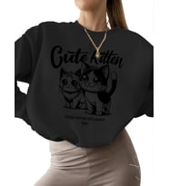 Şirin kedi yavrusu Baskılı Sweatshirt Sweatshirt kalın Bej 3 iplik şardonlu kadın bisiklet yaka (Siyah)