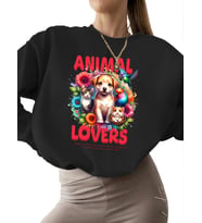 Bej Hayvan severler Baskılı bisiklet yaka Sweatshirt kalın unisex kadın Sweatshirt 3 iplik şardonlu (Siyah)