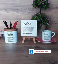 Babaya Hediye Hediye Seti Dekoratif Taş, Kalemlik, Ahşap Altlıklı Türk Kahvesi Fincanı Hediye (Model 6)