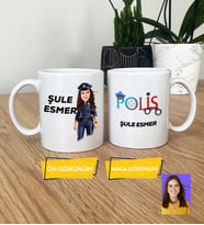 Kişiye Özel Karikatürlü Polis Hediye Kupa Bardak Kadın Polise Polisler Günü Hediyesi (Beyaz)