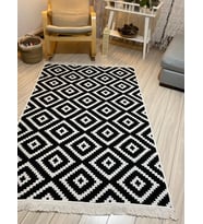 Çift Taraflı Kilim Modern Desenli Yıkanabilir Pamuklu Dokuma Kilim Yolluk (Siyah - Beyaz)