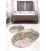Dijital Baskılı Kaymaz Taban Yıkanabilir Oval 2'li Klozet Takımı Banyo Paspası NOKZ-HY-1104 (Gri)