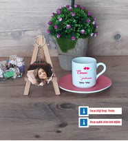 Öğretmene Hediye Türk Kahvesi Fincanı Ahşap Altlıklı ve Fotoğraflı Ahşap Anahtarlık Hediye Öğretmenler Günü Hediyesi (Model 6)