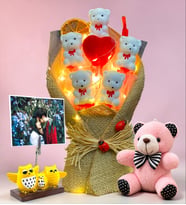 Baykuş Fotoğraflı Led Işıklı Ayıcık Buketi ve Peluş Anahtarlık (Pembe)