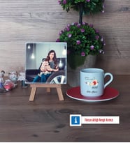 Anneye Hediye Fotoğraflı Dekoratif Taş, Ahşap Altlıklı Türk Kahvesi Fincanı Hediye (Model 3)