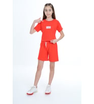 Toontoy Kız Çocuk Crop Aloha Yazı Baskılı Şortlu Takım (Nar Çiçeği)