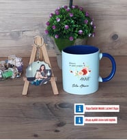 Anneye Hediye Kupa Bardak Beyaz ve Fotoğraflı Ahşap Anahtarlık Hediye (Model 3)