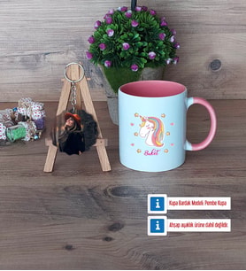 Unicorn Kupa Bardak Beyaz ve Fotoğraflı Ahşap Anahtarlık Hediye (Model 6)