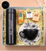 Kişiye Özel 500 Ml Siyah Dereceli Termos & 2'li Teashop Bitki Çayı & Eyüp Sabri Tuncer Mini Kolonya & Fincan Hediye Seti (Siyah)