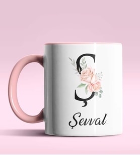 Kişiye Özel Ş Harfi Temalı Gül Tasarım Siyah Renk Kupa (Pembe)