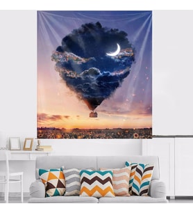 Ayçiçeği Tarlası Uçan Balon Leke Tutmaz Kadife Dokulu Kumaş Duvar Örtüsü Duvar Halısı Tapestry (Mor)