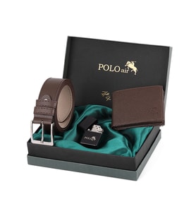 Polo Air Logolu Klasik Erkek Cüzdan Kemer Çakmak Set CM-17 (Kahverengi)