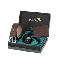 Polo Air Logolu Klasik Erkek Cüzdan Kemer Çakmak Set CM-17 (Kahverengi)