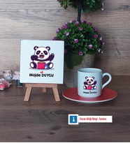 Sevimli Panda Dekoratif Taş, Türk Kahvesi Fincanı Kırmızı İsme Özel Hediye (Model 6)