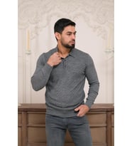 Woolen World Polo Yaka Slimfit Desenli Yünlü Erkek Triko Kazak (Gri)