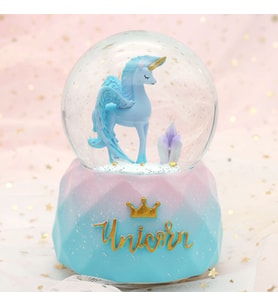 Unicorn Temalı Orta Boy Işıklı Müzikli Kar Küresi (Mavi)