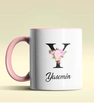 Kişiye Özel Y Harfi Temalı Çiçekli Tasarım Siyah Renk Kupa (Pembe)