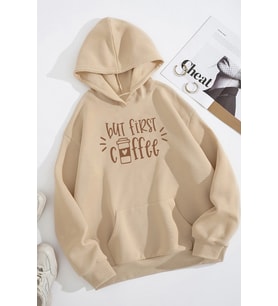 Unisex Oversize But First Coffee Baskılı Sweatshirt (Bej)